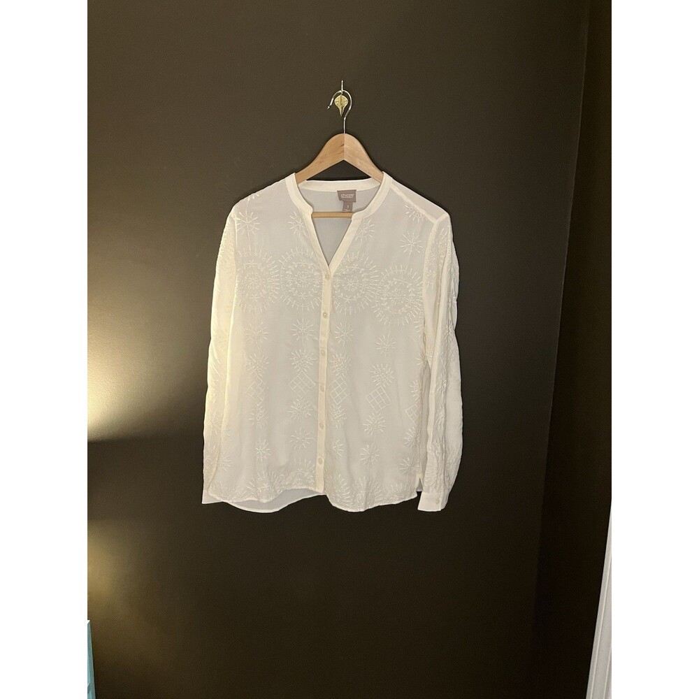 Chico’s Size 1 M White Embroidered Button Front Blouse Tunic Boho